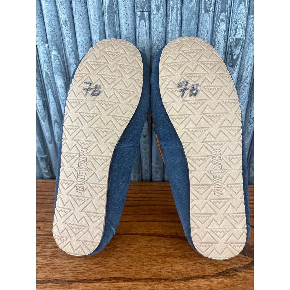 Minnetonka Cally Navy Blue Suede Faux Fur Moccasin Slippers 40414 Womens 9 - Picture 6 of 7